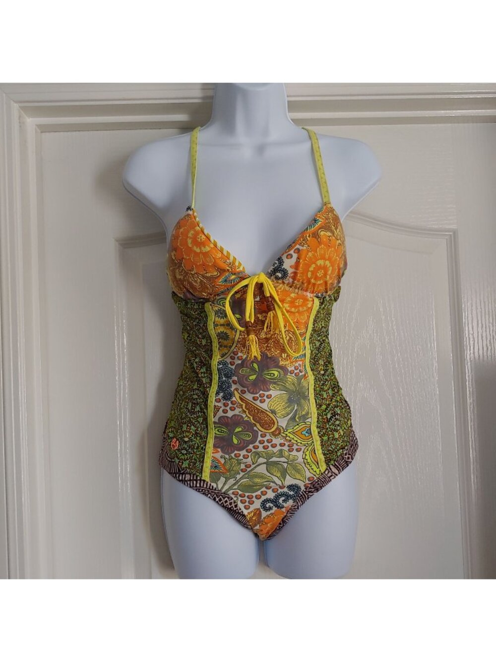 Maje Paris One Piece Swimsuit Floral Paisley Boho Lace Up Designer Resort Beach
